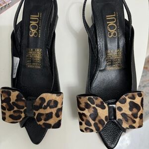 Soul Black Slingback Mules with Leopard Bow Accent